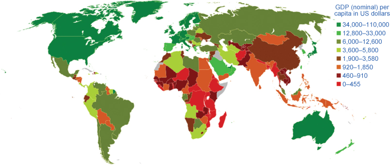 This image is a colored map of the world with only a few areas having high GDPs.