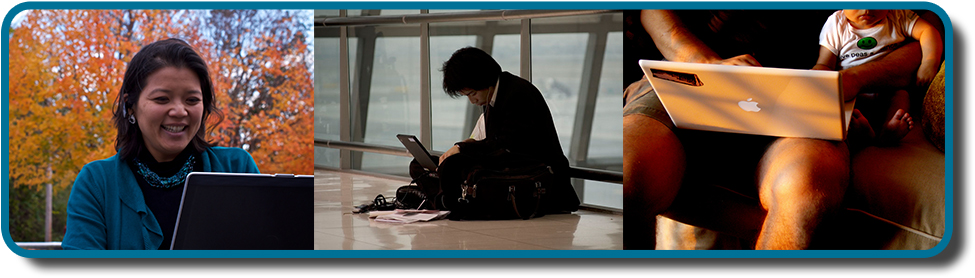 A collage of three color photographs is shown. From left to right appear a person in front of a laptop computer sitting outdoors, a person sitting on the floor with a laptop, and a person sitting on the couch with a small child and a laptop.