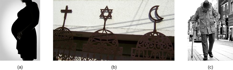 Photograph A shows the side profile of a pregnant woman. Photograph B shows a cross, a star of David, and a crescent displayed next to one another. Photograph C shows an older person with a cane walking down the street.