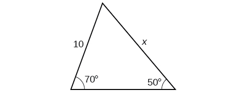 A triangle with an angle of 50 degrees and opposite side of length 10. Another angle is 70 degrees with side opposite of length x.