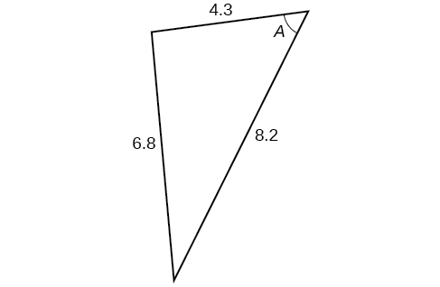 A triangle. Angle A is opposite a side of length 6.8. The other two sides are 4.3 and 8.2.