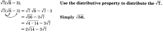 Finding the product of the square root of seven and the binomial the square root of eight minus three, using the rule for multiplying square root expressions. See the longdesc for a full description.