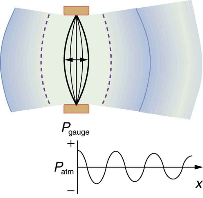 Part a of the diagram shows a vibrating string held fixed at both the ends. The string is shown to vibrate to and fro toward left and right. The compression and rarefaction of air is shown as bold and dotted arcs around the string. Part b shows a graph of pressure versus distance from the source. The pressure is along the y axis and the distance is along the x axis. The graph is a sine wave along the x axis.