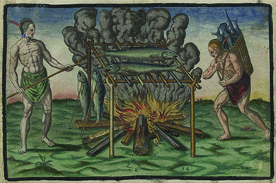 An engraving shows two natives of the New World cooking fish, which lie on a wooden rack built over a fire.