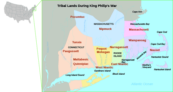 This is a map of New England indicating the domains of New England’s native inhabitants, including the Pequot, Narragansett, Mohegan, and Wampanoag, in 1670.