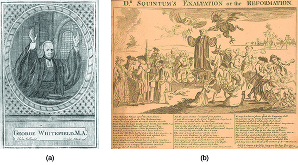 Illustration (a) shows George Whitefield preaching, with his hands raised and a neutral facial expression. Cartoon (b) shows George Whitefield preaching, again with his hands raised, surrounded by men and women; he is flanked from above by an angel on one side, a devil on the other. In the surrounding crowd, groups of men seem to be lecturing or harassing people; for example, in the far right corner two men are overturning the table of a woman, perhaps a vendor of some sort. The title reads “Dr. Squintum’s Exaltation or the Reformation.”