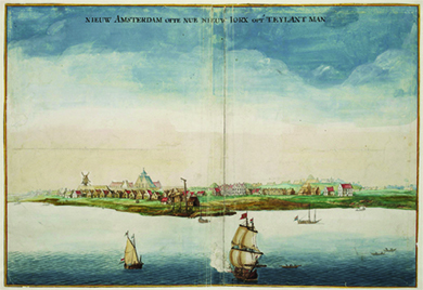 A watercolor shows New Amsterdam, with several ships in its surrounding waters.