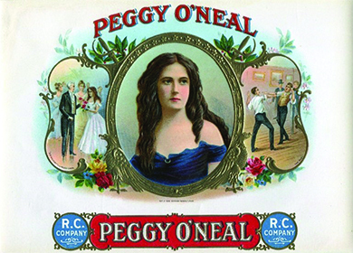 A cigar-box lid shows a portrait of Peggy O’Neal at the center; she is shown as a young and attractive woman in a low-cut dress. On the left, Andrew Jackson presents O’Neal with flowers. On the right, two men fight a duel for her. Labels reading “Peggy O’Neal” appear on the top and bottom.