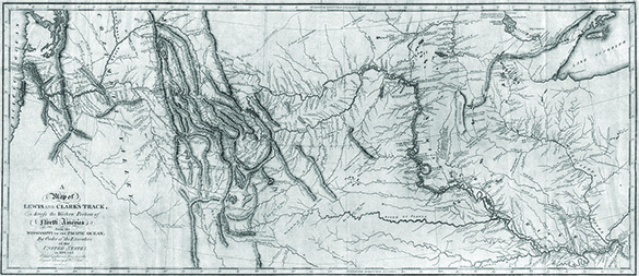 A historical map shows Lewis and Clark’s path across North America from the Missouri River to the Pacific Ocean, including detours up river tributaries.