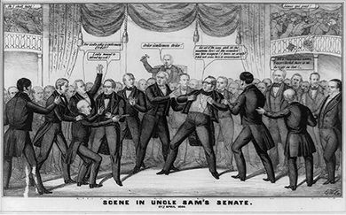 A cartoon shows Henry S. Foote drawing a pistol on Thomas Hart Benton. Benton declares, “Get out of the way, and let the assassin fire! let the scoundrel use his weapon! I have no arm’s! I did not come here to assassinate!” Foote, with several men restraining him, aims the gun at Benton with the response: “I only meant to defend myself!” In the background, Millard Fillmore wields his gavel, calling for order. Behind Foote, a senator yells, “For God’s sake Gentlemen Order!” To the right of Benton, Henry Clay says, “It’s a ridiculous matter, I apprehend there is no danger on foot!” In the galleries, visitors escape the scene.