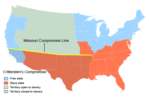 A map shows the Missouri Compromise line, as well as those states and regions below the Missouri Compromise line that would be affected by Crittenden’s Compromise.