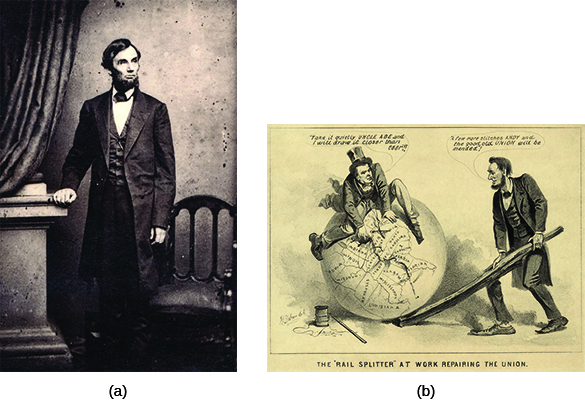 Photograph (a) shows a standing portrait of Lincoln. Cartoon (b), titled “The ‘Rail Splitter’ at Work Repairing the Union,” shows Andrew Johnson sitting atop a globe, mending a map of the United States with a needle and thread. Beside him, Lincoln holds the globe in place using a large split rail. Johnson says “Take it quietly Uncle Abe and I will draw it closer than ever!!!” Lincoln replies, “A few more stitches Andy and the good old Union will be mended!”