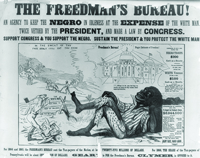 An illustration shows a highly caricatured black man in tattered clothes reclining in the foreground as white men work his land, thinking, “Whar is de use for me to work as long as dey make dese appropriations.” Near the white men are the words “In the sweat of thy face shalt thou eat thy bread” and “The white man must work to keep his children and pay his taxes.” In the sky, an image of an elegant official building hovers, labeled “Freedman’s Bureau! Negro Estimate of Freedom!” The building is inscribed with the words “Freedom and No Work,” “Candy,” “Rum, Gin, Whiskey,” “Sugar Plums,” “Indolence,” “White Women,” “Apathy,” “White Sugar,” “Idleness,” “Fish Balls,” “Clams,” “Stews,” and “Pies.” On the right-hand side of the image, the artist provides figures for the funds appropriated by Congress for the Freedmen’s Bureau and the bounties of black and white Civil War veterans.