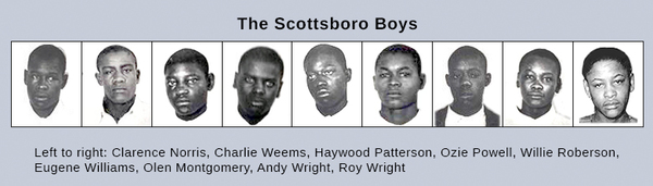 The image shows headshots of the nine Scottsboro defendants. From left to right are Clarence Norris, Charlie Weems, Haywood Patterson, Ozie Powell, Willie Roberson, Eugene Williams, Olen Montgomery, Andy Wright, and Roy Wright.