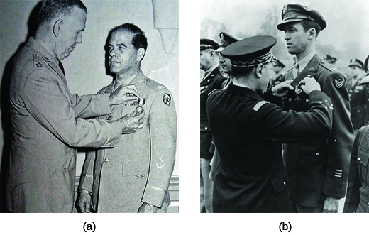 Photograph (a) shows General George Marshall pinning the Distinguished Service Cross on Frank Capra’s jacket. Photograph (b) shows a member of the French Air Force awarding Jimmy Stewart the French Croix de Guerre.