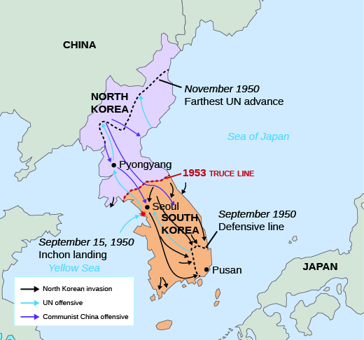 A map of North and South Korea, bordered by China to the north, the Yellow Sea to the west, the Sea of Japan to the east, and Japan to the southeast, is shown. Purple arrows show the North Korean invasion of South Korea in 1950; green arrows show the UN offensive response and the site of the landing at Inchon on September 15, 1950, and orange arrows should the Communist Chinese offensive. A dotted orange line shows the truce line of 1953. A grey dotted line shows the UN defensive line in September 1950, and a dotted green line shows the northern-most UN advance in November 1950.