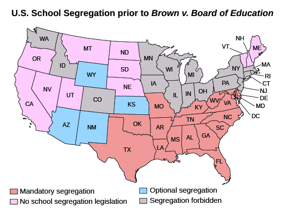 A map entitled “U.S. School Segregation prior to Brown v. Board of Education” shows the states in which school segregation was mandatory; the states in which school segregation was optional; the states in which school segregation was forbidden; and the states in which school segregation legislation did not exist. States with mandatory school segregation included Texas, Oklahoma, Missouri, Arkansas, Louisiana, Kentucky, Tennessee, Mississippi, West Virginia, Alabama, Virginia and Maryland (including Washington, D.C.), Delaware, North Carolina, South Carolina, Georgia, and Florida. States with optional school segregation included Arizona, Wyoming, New Mexico, and Kansas. States forbidding school segregation included Washington, Idaho, Colorado, Minnesota, Iowa, Wisconsin, Illinois, Michigan, Indiana, Ohio, Pennsylvania, New York, Massachusetts, Rhode Island, Connecticut, and New Jersey. States with no school segregation legislation included Oregon, California, Nevada, Utah, Montana, North Dakota, South Dakota, Nebraska, Maine, New Hampshire, and Vermont.