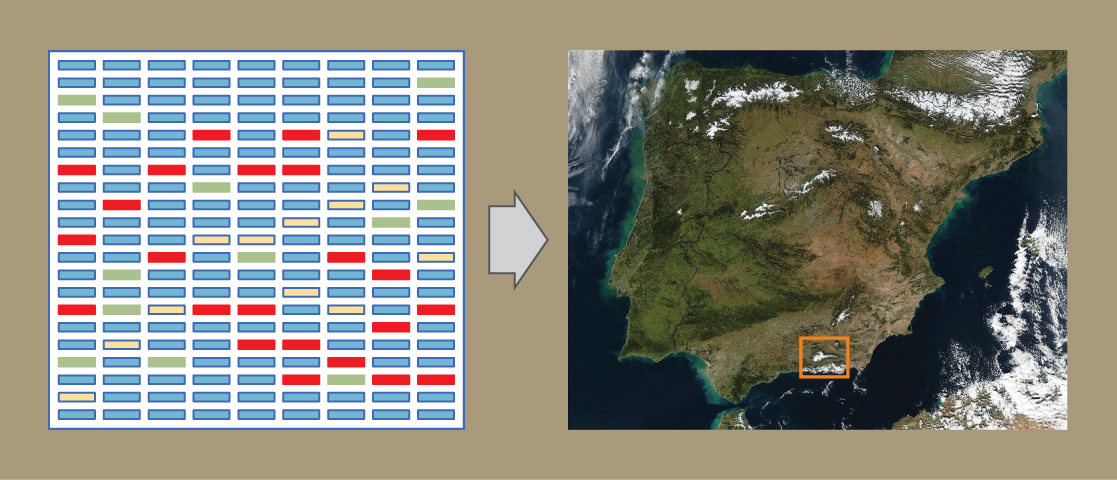 The left part of this image is an illustration of a gene chip. The chip is a grid comprising nine columns and 21 rows. Most cells in the grid are blue, but some are green, yellow, or red. The green, yellow, or red color shows that DNA has hybridized with the chip, indicating the presence of a particular gene. The right part of the image is a satellite image of Spain, with a small region outlined in a square. This image is meant to reinforce the concept that, like regions of the world, DNA can be mapped.