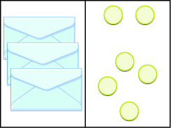 This image has two columns. In the first column are three envelopes. In the second column there are six blue circles.