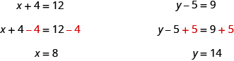 This figure has two columns. The first column has the equation x plus 4 equals 12. Underneath there is x plus 4 minus 4 equals 12 minus 4. Under this there is x equals 8. The second column has the equation y minus 5 equals 9. Underneath there is the equation y minus 5 plus 5 equals 9 plus 5. Under this there is y equals 14.