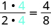 1 times 4 over 2 times 4 is written with the 4s in red. This is set equal to 4 over 8.