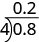 A division problem is shown. 0.8 is on the inside of the division sign, 4 is on the outside. Above the division sign is 0.2.