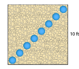 A square garden is shown. One side is labeled as 10 feet. There is a diagonal path of blue circular stones going from the lower left corner to the upper right corner.