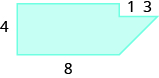 A blue geometric shape is shown. It looks like a rectangle with a triangle attached to the lower right side. The base of the rectangle is labeled 8, the height of the rectangle is labeled 4. The distance from the top of the rectangle to where the triangle begins is labeled 3, the top of the triangle is labeled 3.