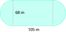 A blue geometric shape is shown. It looks like a rectangle with a semi-circle attached to each side. The base of the rectangle is labeled 105 m. The height of the rectangle and diameter of the circle on the left is labeled 68 m.