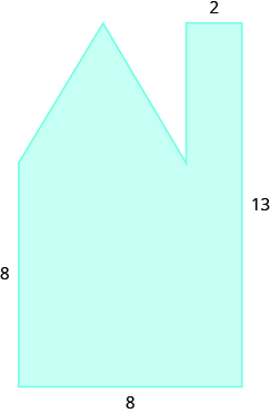 A geometric shape is shown. It is a rectangle with a triangle and another rectangle attached. The left side is labeled 8, the bottom is 8, the right side is 13, and the width of the smaller rectangle is 2.