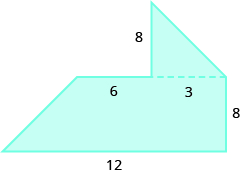 A geometric shape is shown. It is a trapezoid with a triangle attached to the top on the right side.  The height of the trapezoid is labeled 8, the bottom base is labeled 12, and the top is labeled 9. The height of the triangle is labeled 8.