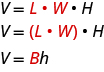 The top line says V equals red L times red W times H. Below this is V equals red parentheses L times W times H. Below this is V equals red capital B times h.