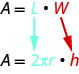 The top line says A equals l times red w. Below the l is 2 times pi times r. Below the w is a red h.