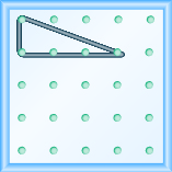 The figure shows a grid of evenly spaced dots. There are 5 rows and 5 columns. There is a rubber band style triangle connecting three of the three points at column 1 row 1, column 1 row 2,and column 4 row 2.