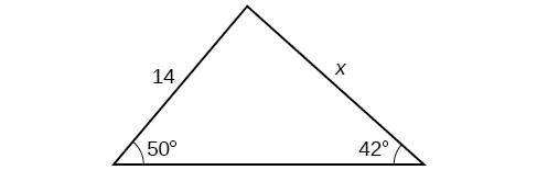 A triangle. One angle is 50 degrees with opposite = x. Another angle is 42 degrees with opposite side = 14.