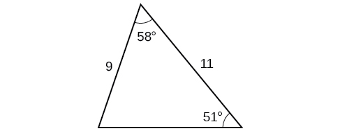 A triangle. One angle is 58 degrees with opposite side unknown. Another angle is 51 degrees with opposite side = 9. The side adjacent to the two given angles is 11.