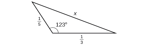 A triangle. One angle is 123 degrees with opposite side = x. The other two sides are 1/5 and 1/3.