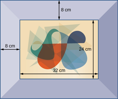 / An art frame with a piece of artwork in the center. The frame has a width of 8 centimeters. The artwork itself has a length of 32 centimeters and a width of 24 centimeters.