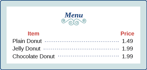 A menu of donut prices from a coffee shop where a plain donut is $1.49 and a jelly donut and chocolate donut are $1.99.