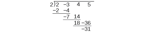 Synthetic division of the polynomial 2x^3-3x^2+4x+5 by x+2 in which it only contains the coefficients of each polynomial.