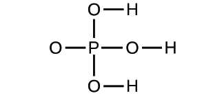 Figure D shows a structural diagram of a phosphorus atom that forms a single bond to four oxygen atoms each. Three of the oxygen atoms each have a single bond to a hydrogen atom.