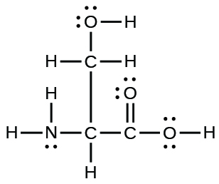 A Lewis structure is shown. A nitrogen atom is single bonded to two hydrogen atoms and a carbon atom. The carbon atom is single bonded to a hydrogen atom and two other carbon atoms. One of these carbon atoms is single bonded to two hydrogen atoms and an oxygen atom. The oxygen atom is bonded to a hydrogen atom. The other carbon is single bonded to two oxygen atoms, one of which is bonded to a hydrogen atom. The oxygen atoms have two lone pairs of electron dots, and the nitrogen atom has one lone pair of electron dots.