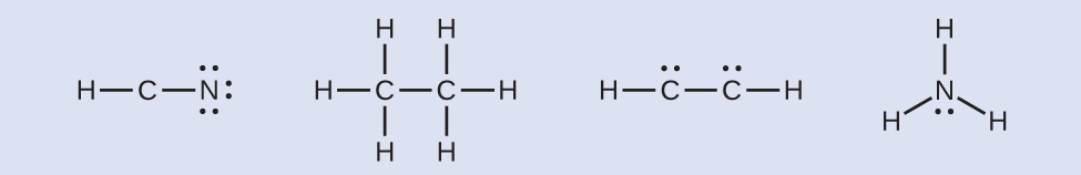 Four Lewis structures are shown. The first structure shows a carbon atom single bonded to a hydrogen atom and a nitrogen atom, which has three lone pairs of electrons. The second structure shows two carbon atoms single bonded to one another. Each is single bonded to three hydrogen atoms. The third structure shows two carbon atoms, each with a lone pair of electrons, single bonded to one another and each single bonded to one hydrogen atom. The fourth structure shows a nitrogen atom with a lone pair of electrons single bonded to three hydrogen atoms.