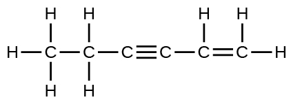 A Lewis structure is shown. A carbon atom that is single bonded to three hydrogen atoms is bonded to a second carbon atom. The second carbon atom is single bonded to two hydrogen atoms. The second carbon atom is single bonded to a third carbon atom that is triple bonded to a fourth carbon atom and single bonded to a fifth carbon atom. The fifth carbon atom is single bonded to a hydrogen atom and double bonded to a sixth carbon atom that is single bonded to two hydrogen atoms.