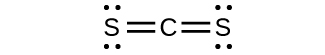 The Lewis structure shows a carbon atom double bonded to two sulfur atoms, each of which has two lone pairs of electrons.