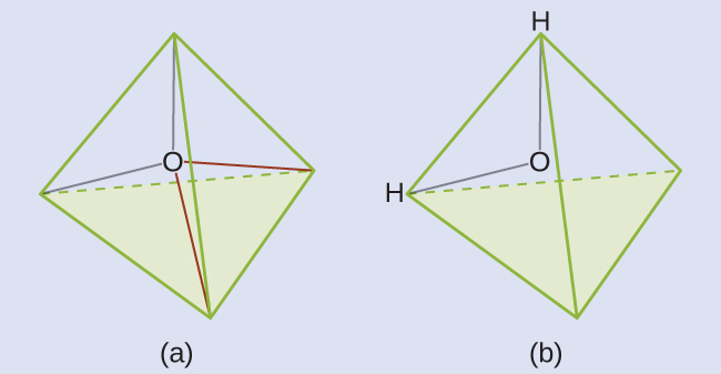 Two diagrams are shown and labeled, “a” and “b.” Diagram a shows an oxygen atom in the center of a four-sided pyramid shape. Diagram b shows the same image as diagram a, but this time there are hydrogen atoms located at two corners of the pyramid shape.