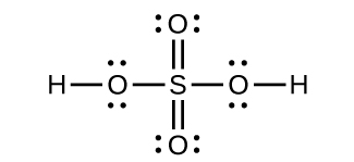 A Lewis structure is shown in which a sulfur atom is single bonded to four oxygen atoms. Two of the oxygen atoms have three lone pairs of electrons while the other two each have two lone pairs of electrons and are each singly bonded to a hydrogen atom.