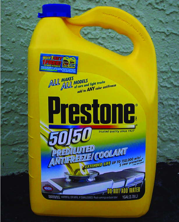 This is a photo of a 1 gallon yellow plastic jug of Preston 50/50 Prediluted Antifreeze/Coolant.