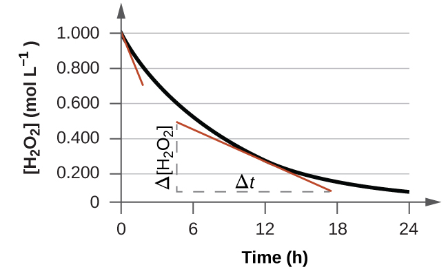 A graph is shown with the label, “Time ( h ),” appearing on the x-axis and “[ H subscript 2 O subscript 2 ] ( mol L superscript negative 1)” on the y-axis. The x-axis markings begin at 0 and end at 24. The markings are labeled at intervals of 6. The y-axis begins at 0 and includes markings every 0.200, up to 1.000. A decreasing, concave up, non-linear curve is shown, which begins at 1.000 on the y-axis and nearly reaches a value of 0 at the far right of the graph around 10 on the x-axis. A red tangent line segment is drawn on the graph at the point where the graph intersects the y-axis. A second red tangent line segment is drawn near the middle of the curve. A vertical dashed line segment extends from the left endpoint of the line segment downward to intersect with a similar horizontal line segment drawn from the right endpoint of the line segment, forming a right triangle beneath the curve. The vertical leg of the triangle is labeled “capital delta [ H subscript 2 O subscript 2 ]” and the horizontal leg is labeled, “capital delta t.”