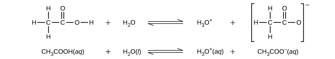 This image contains two equilibrium reactions. The first shows a C atom bonded to three H atoms and another C atom. The second C atom is double bonded to an O atom and also forms a single bond to another O atom. The second O atom is bonded to an H atom. There is a plus sign and then the molecular formula H subscript 2 O. An equilibrium arrow follows the H subscript 2 O. To the right of the arrow is H subscript 3 O superscript positive sign. There is a plus sign. The final structure shows a C atom bonded the three H atoms and another C atom. This second C atom is double bonded to an O atom and single bonded to another O atom. The entire structure is in brackets and a superscript negative sign appears outside the brackets. The second reaction shows C H subscript 3 C O O H ( a q ) plus H subscript 2 O ( l ) equilibrium arrow H subscript 3 O ( a q ) plus C H subscript 3 C O O superscript negative sign ( a q ).